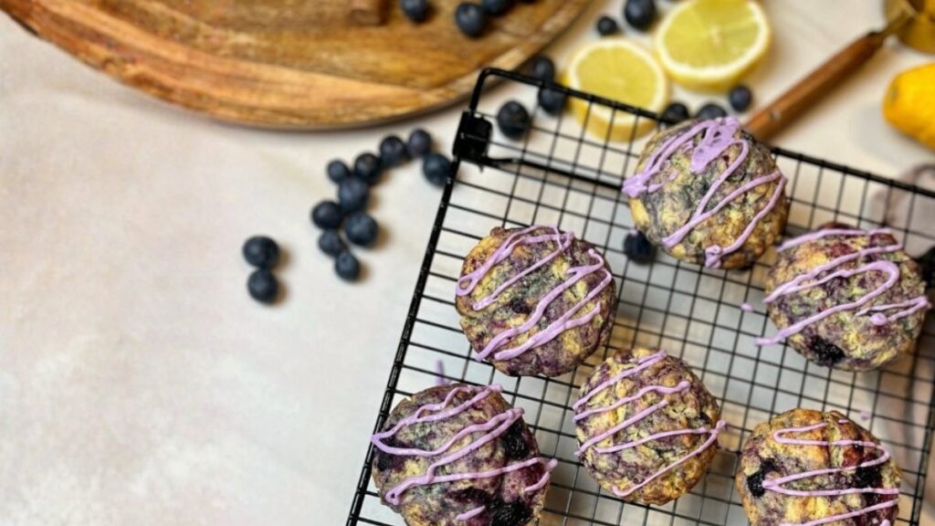 Lemon Blueberry Summer Cookies Recipe Lemon blueberry cookies with a purple blueberry swirl cooling on a wire rack