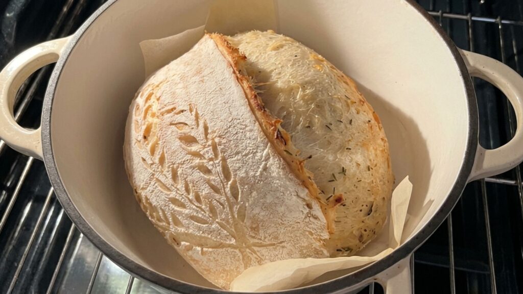 roasted garlic and herb sourdough loaf in a dutch oven pot, herb flecks visible in the crumb