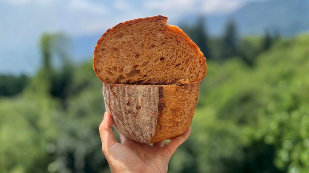 Sliced tomato and herb sourdough loaf in open space, showing an open crumb