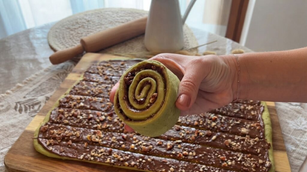 Sliced matcha cinnamon rolls with chocolate filling and cream cheese glaze in a baking dish