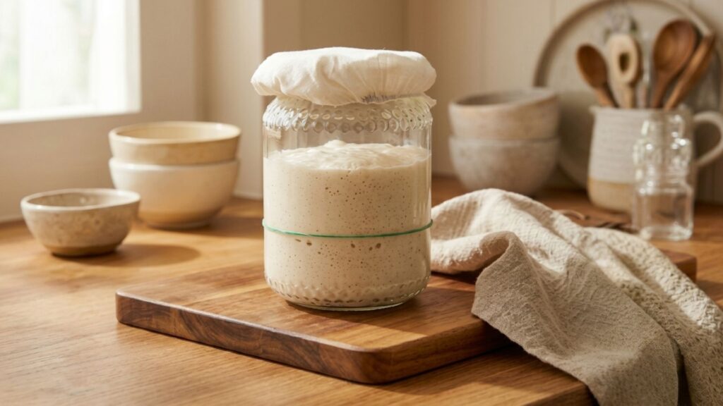 Sourdough starter scooped open showing an airy, webby texture inside a glass jar