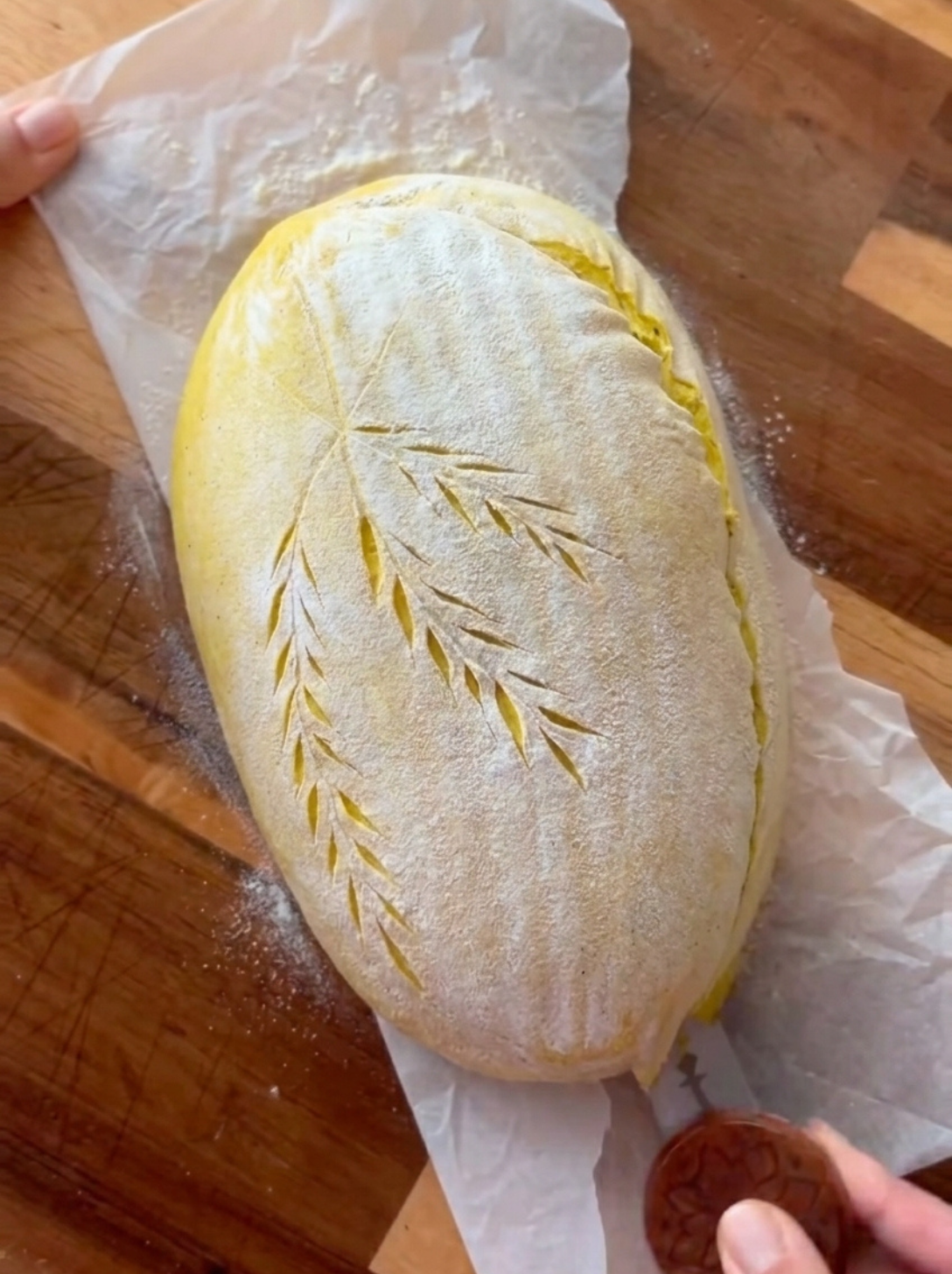 Raw sourdough boule scored with a branching wheat-stalk pattern before baking