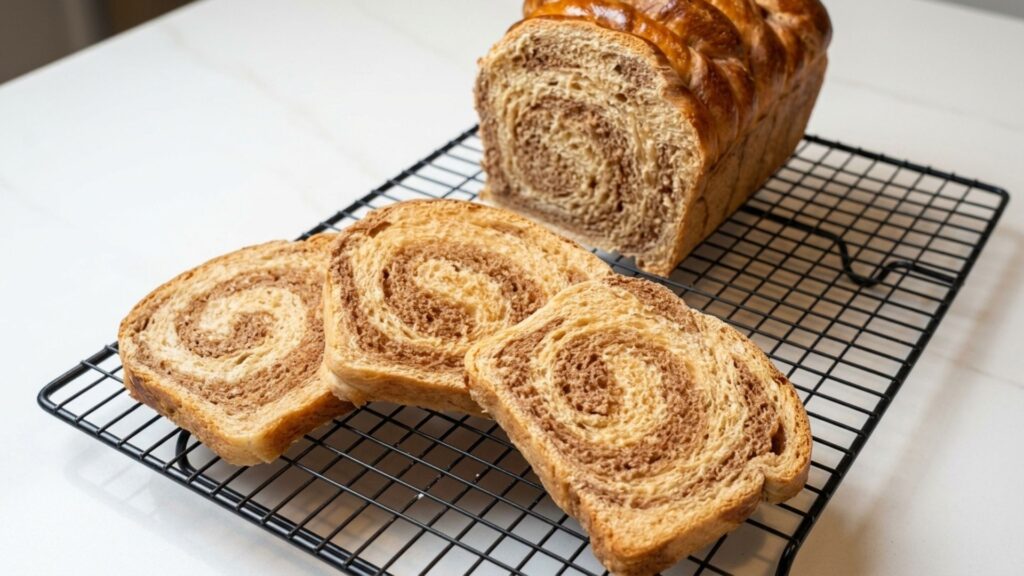 Sliced chocolate and coffee marbled sourdough brioche loaf