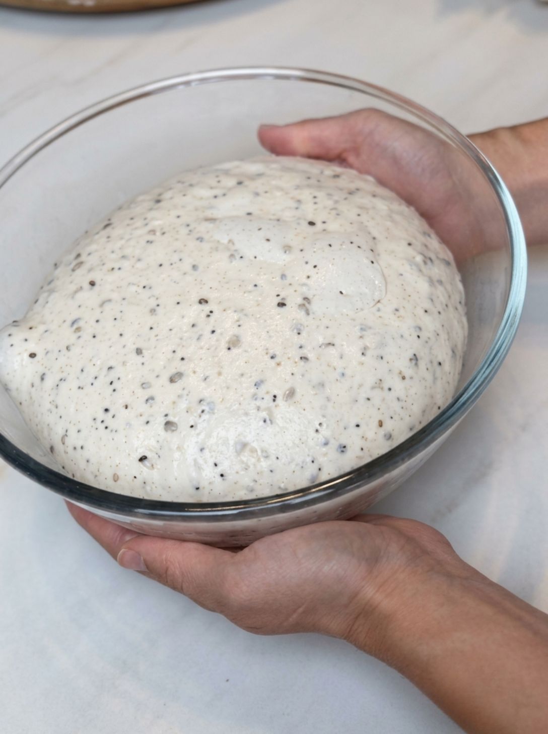 Bulk fermented sourdough dough with a domed, bubbly surface in a glass bowl