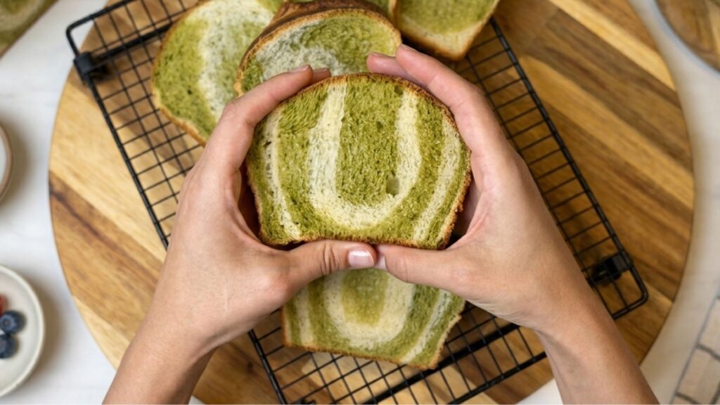 Sliced matcha swirl brioche loaf on a wire cooling rack, showing the green swirl pattern