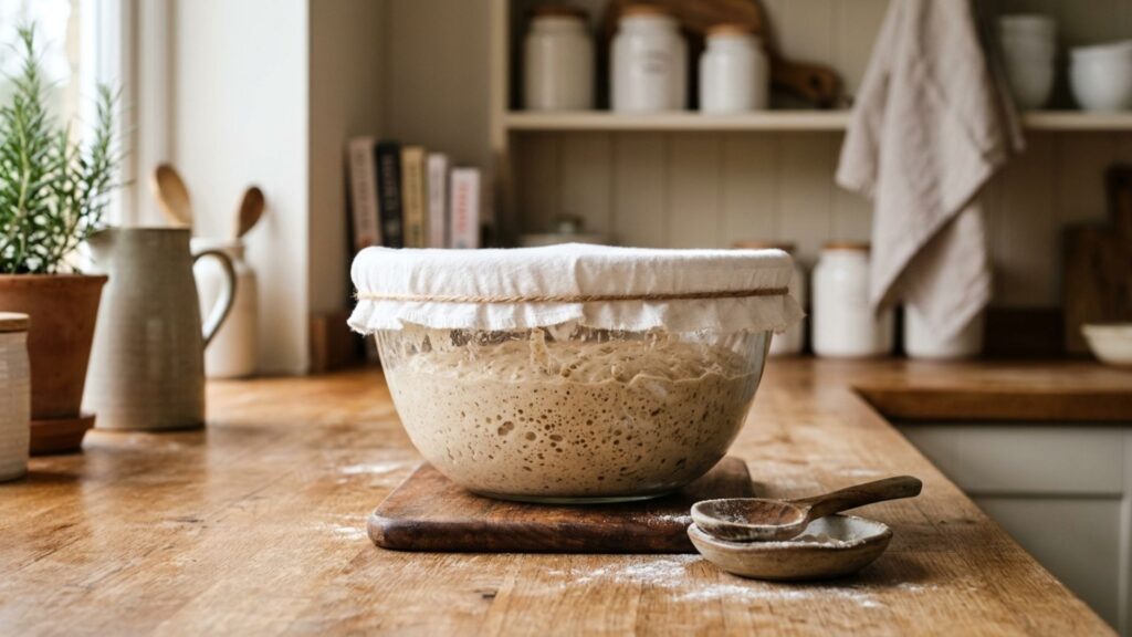 Bulk fermenting sourdough dough with a domed, bubbly surface in a glass bowl