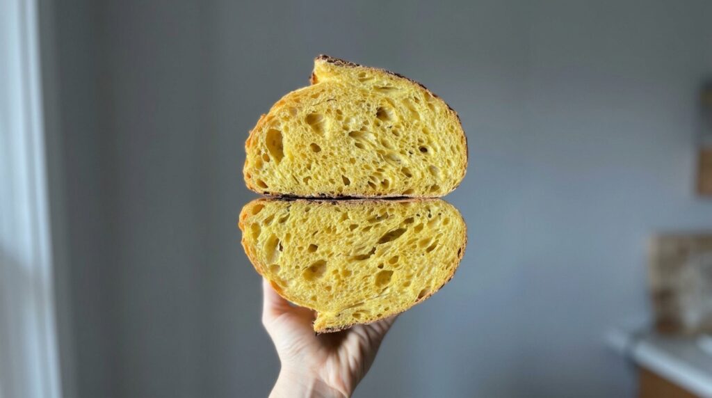 Golden saffron sourdough bread with roasted garlic and rosemary, sliced open