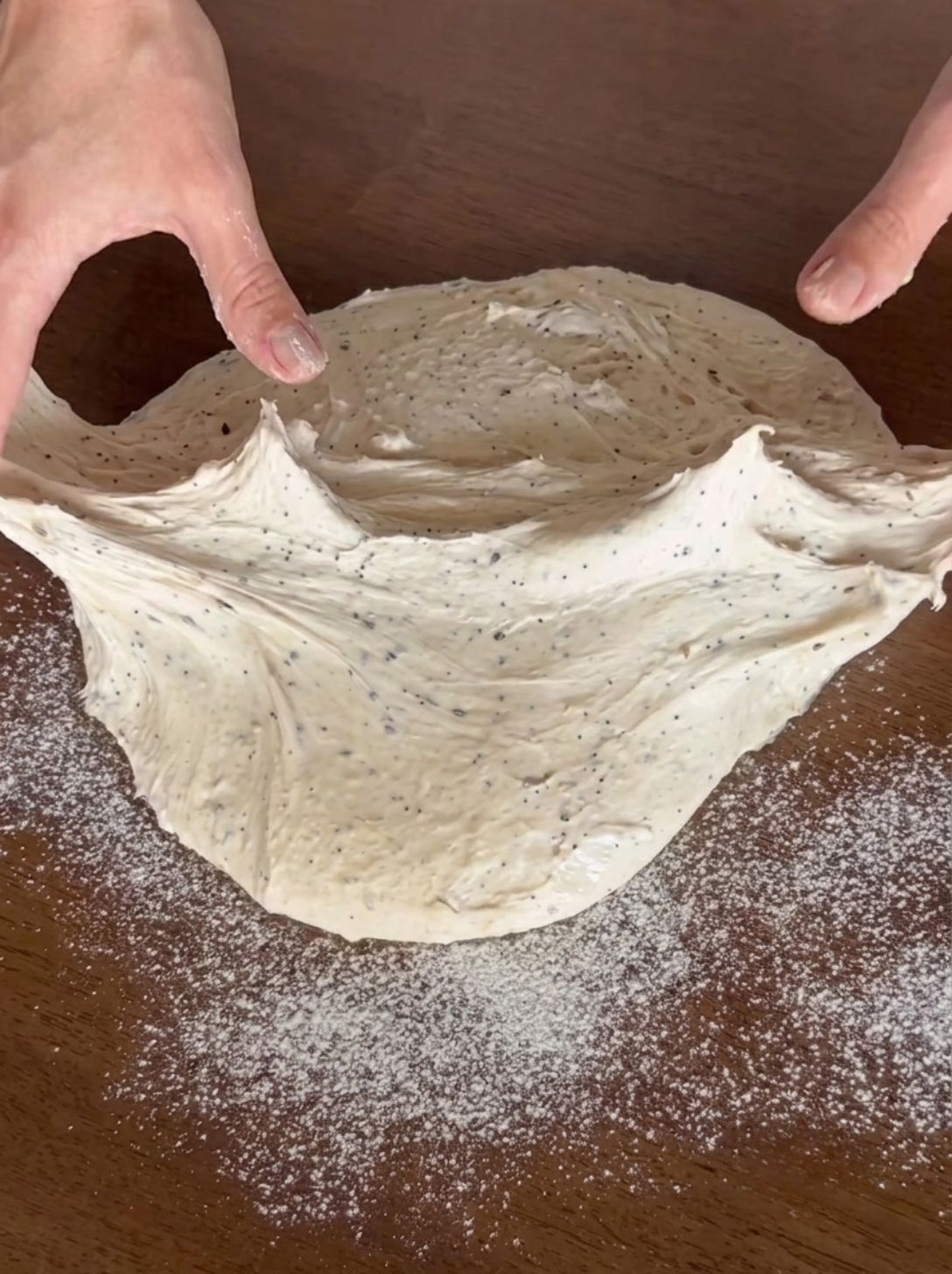 Sourdough bulk fermentation done, dough no longer clinging to fingers