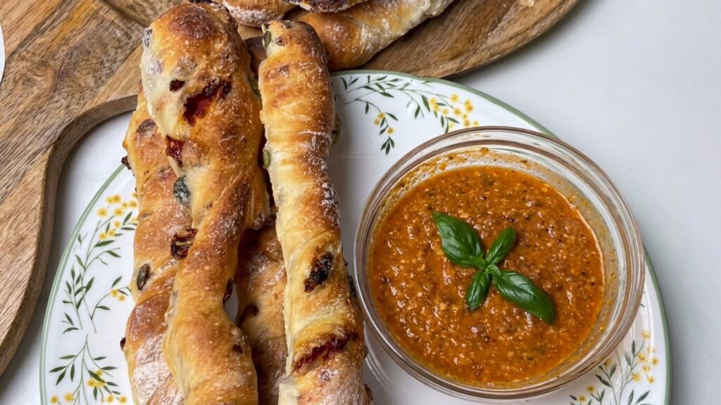 Mediterranean sourdough breadsticks with walnuts, olives, and sun-dried tomatoes served with a dipping sauce