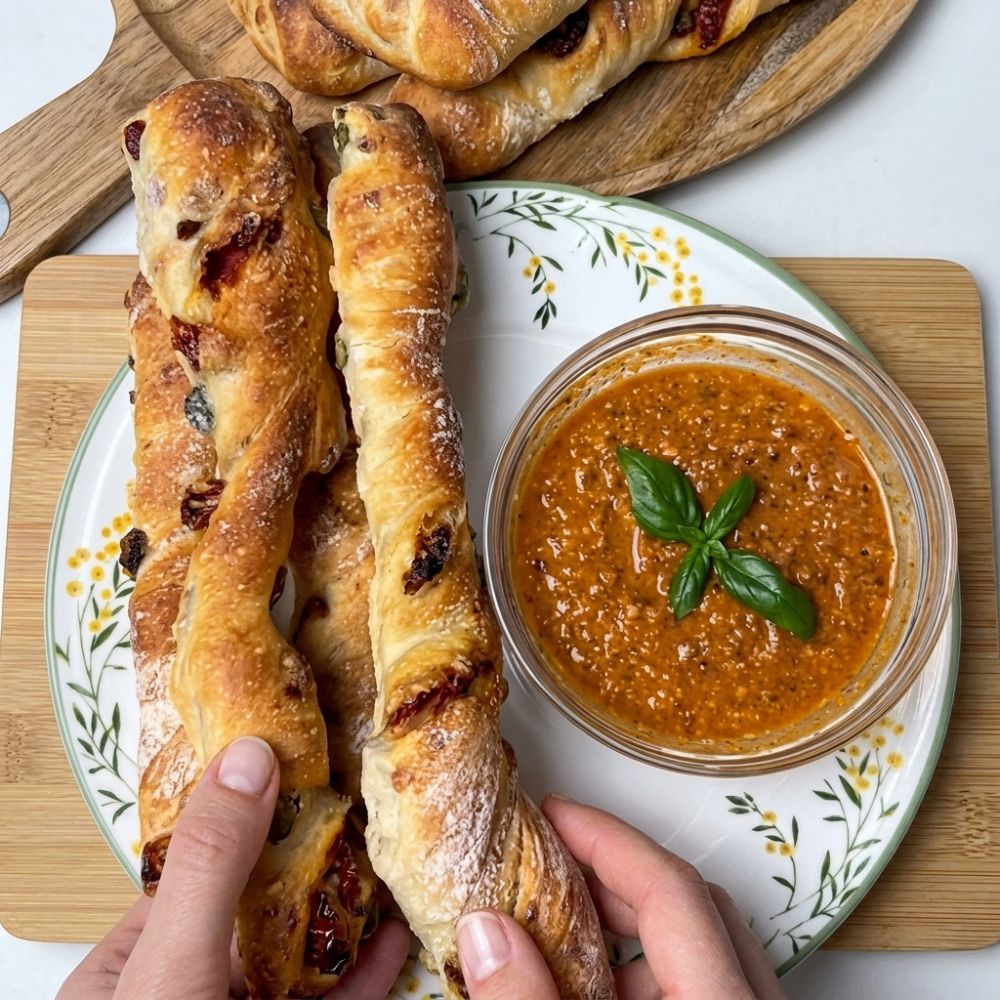 Mediterranean sourdough breadsticks with walnuts, olives, and sun-dried tomatoes served with a dipping sauce