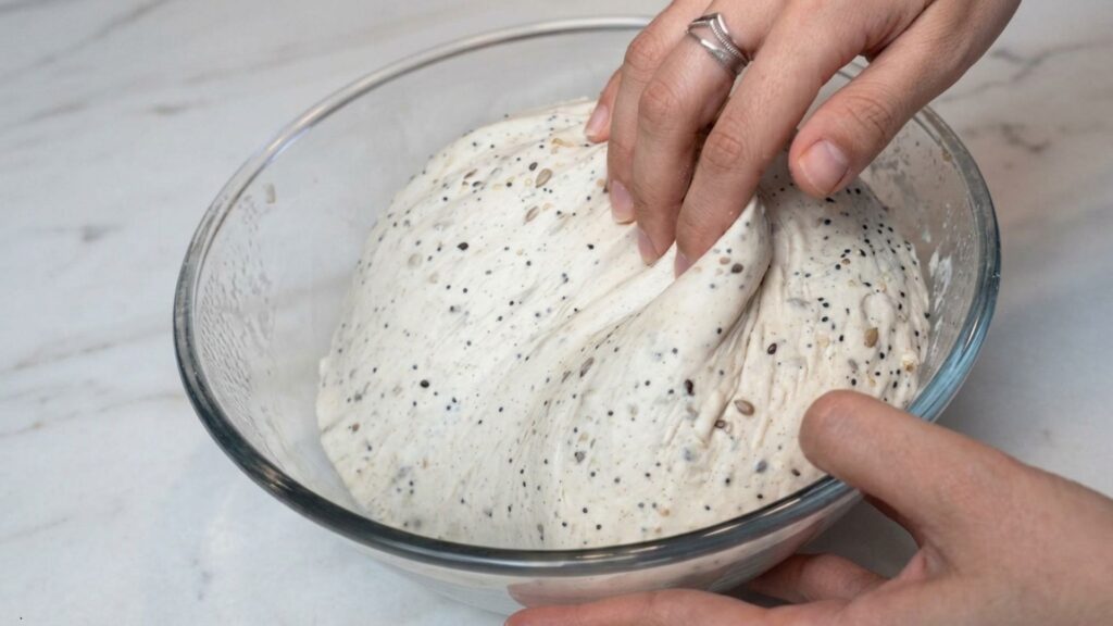 Sourdough bulk fermentation done, dough domed and full of bubbles in a glass bowl
